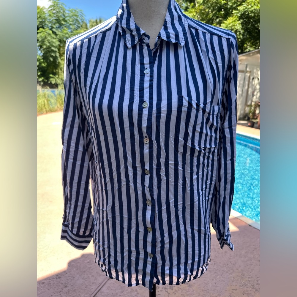 Jane and Delancey Navy and White Striped Button Down Shirt